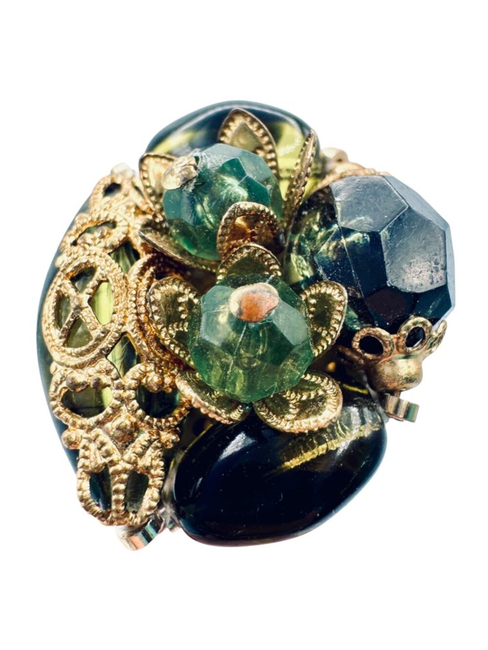 Vintage Glass Bead Cluster Earrings Gold Tone Assemblage Steampunk